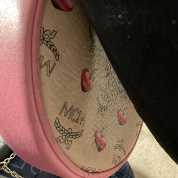 MCM Round Pink/Tan w/Cherries and Gold Chain Crossbody - Picture 9 of 16